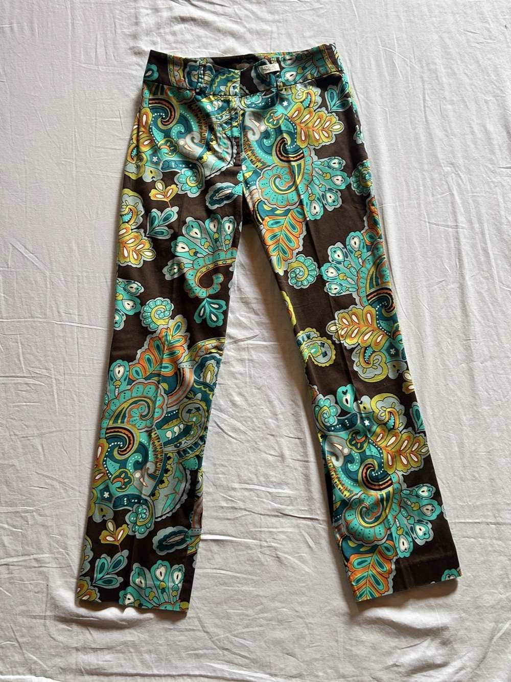 Randi M. Retro 60s Straight Leg Paisley Stretch Pants